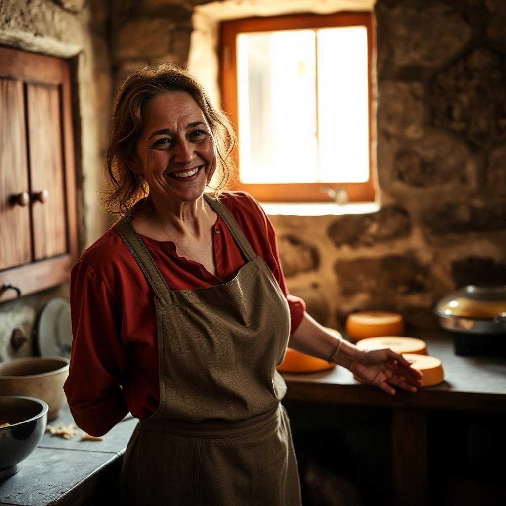 Mujer artesana del medio rural mostrando su oficio a un grupo de visitantes